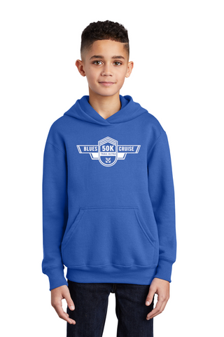 Youth royal hoodie - front (Blues Cruise race logo)