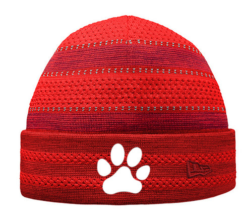 Fleece Lined Knit Beanie with paw print reflective design - Scarlet