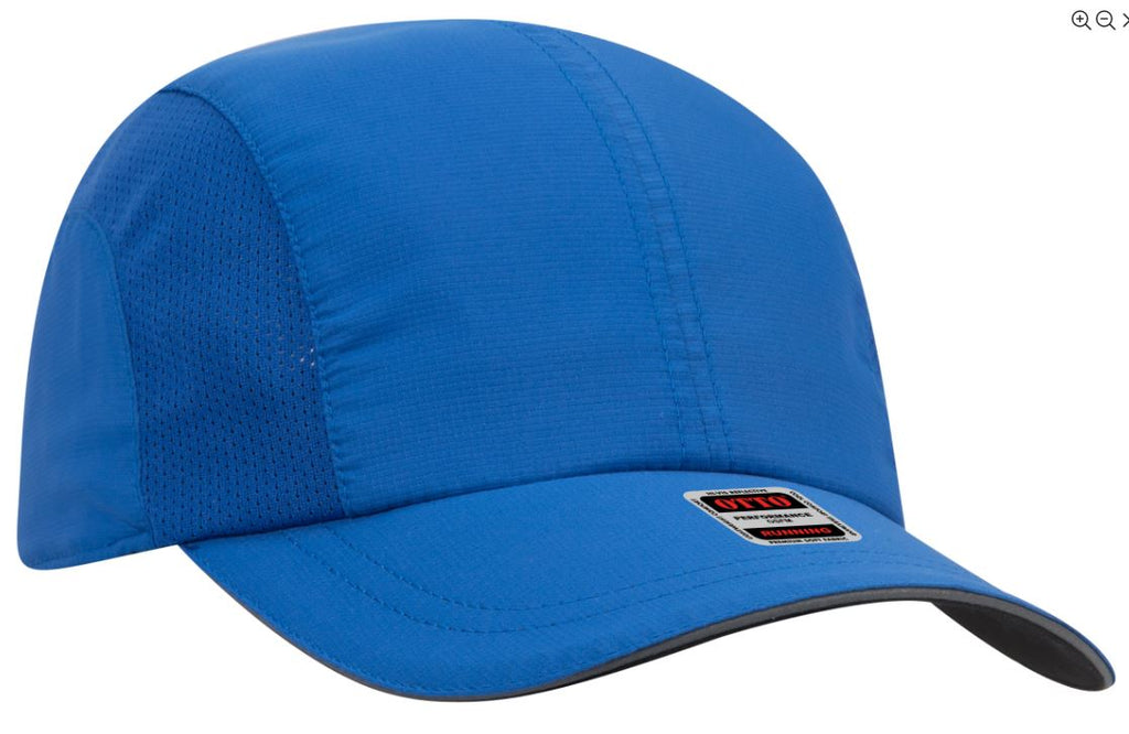 Royal blue cap with mesh inserts, front/side view