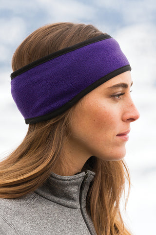 Fleece headband earwarmer, purple with black binding - model