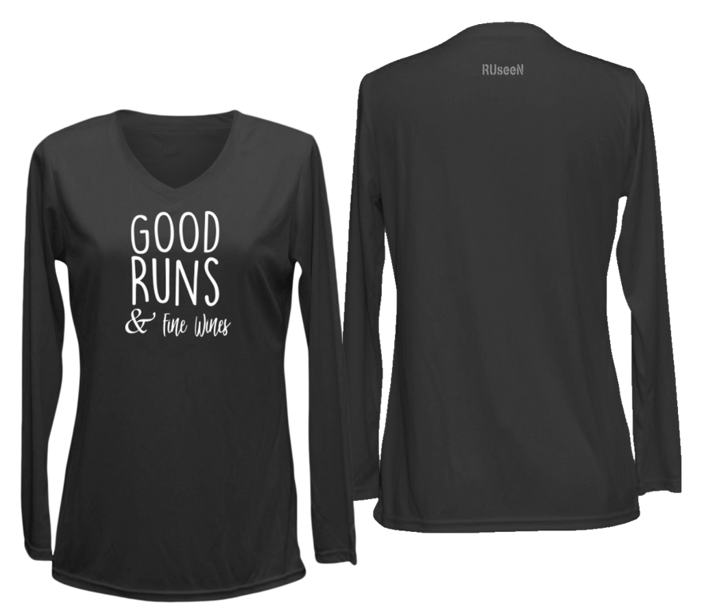 WOMEN'S REFLECTIVE LONG SLEEVE SHIRT – GOOD RUNS & FINE WINES – Front & Back – Black