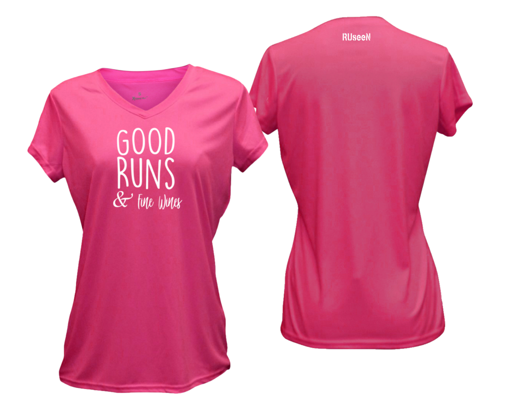 WOMEN'S REFLECTIVE SHORT SLEEVE SHIRT – GOOD RUNS & FINE WINES – Front & Back – Neon Pink