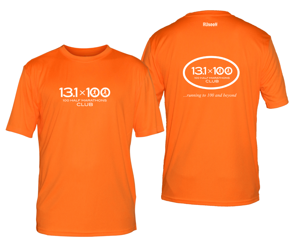 Men's Reflective Short Sleeve Shirt - 100 Half Marathons Club - Front & Back - Orange
