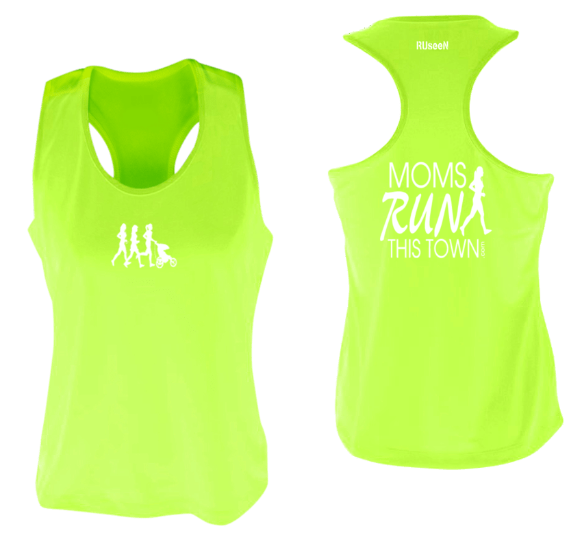 Women's Reflective Tank Top - Moms Run This Town - Front & Back - Lime Yellow