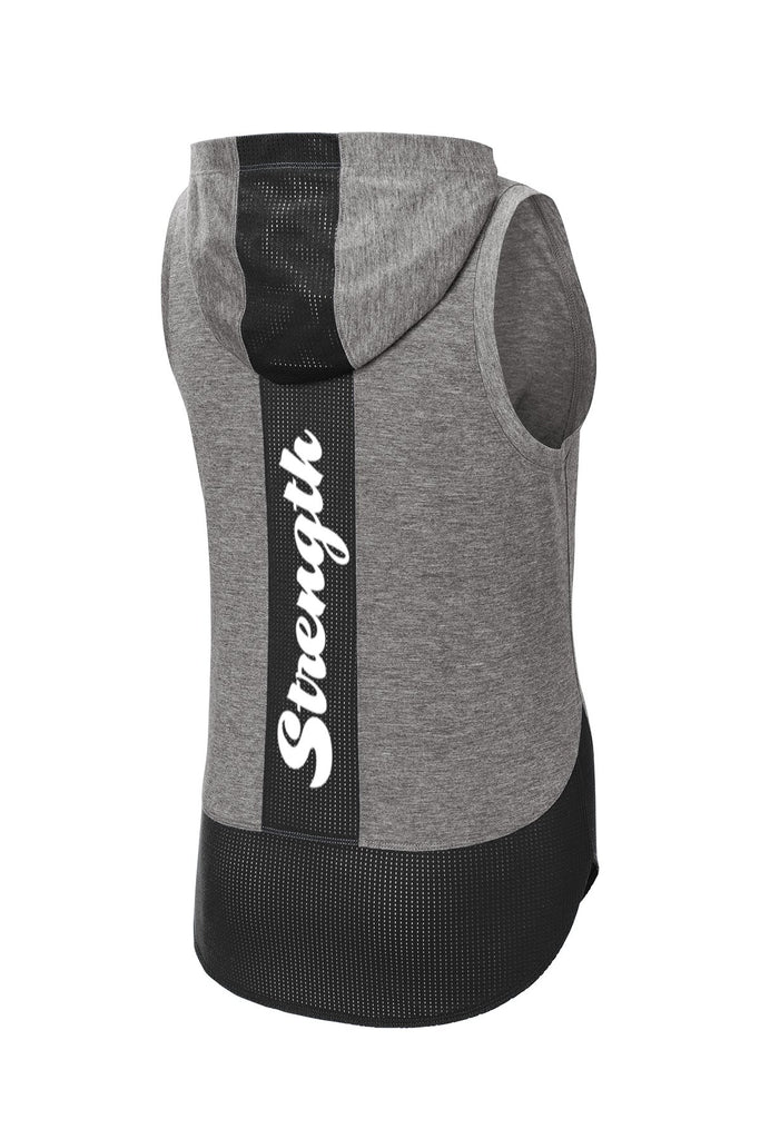 Women's Reflective Sleeveless Hoodie Tank - TriBlend - Gray - Black Mesh Panels - Back