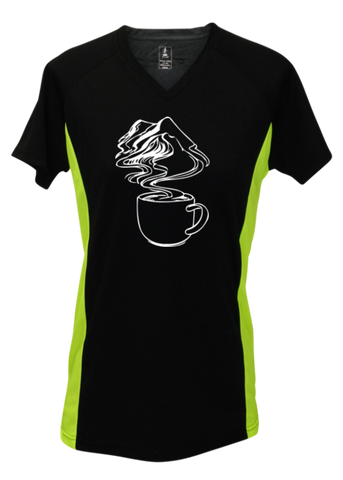 WOMEN'S REFLECTIVE SHORT SLEEVE SHIRT –  COFFEE MOUNTAINS - Front - Black & Lime