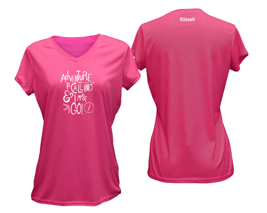 WOMEN'S REFLECTIVE SHORT SLEEVE SHIRT - ADVENTURE - Front & Back - Neon Pink
