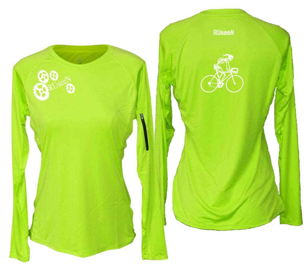 WOMEN'S REFLECTIVE LONG SLEEVE CREW NECK – ROAD BIKE SKELETON – Front & Back – Lime Yellow