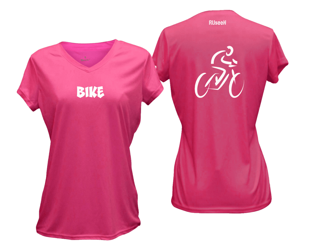WOMEN'S REFLECTIVE SHORT SLEEVE SHIRT –  BIKE - Front & Back –  Neon Pink