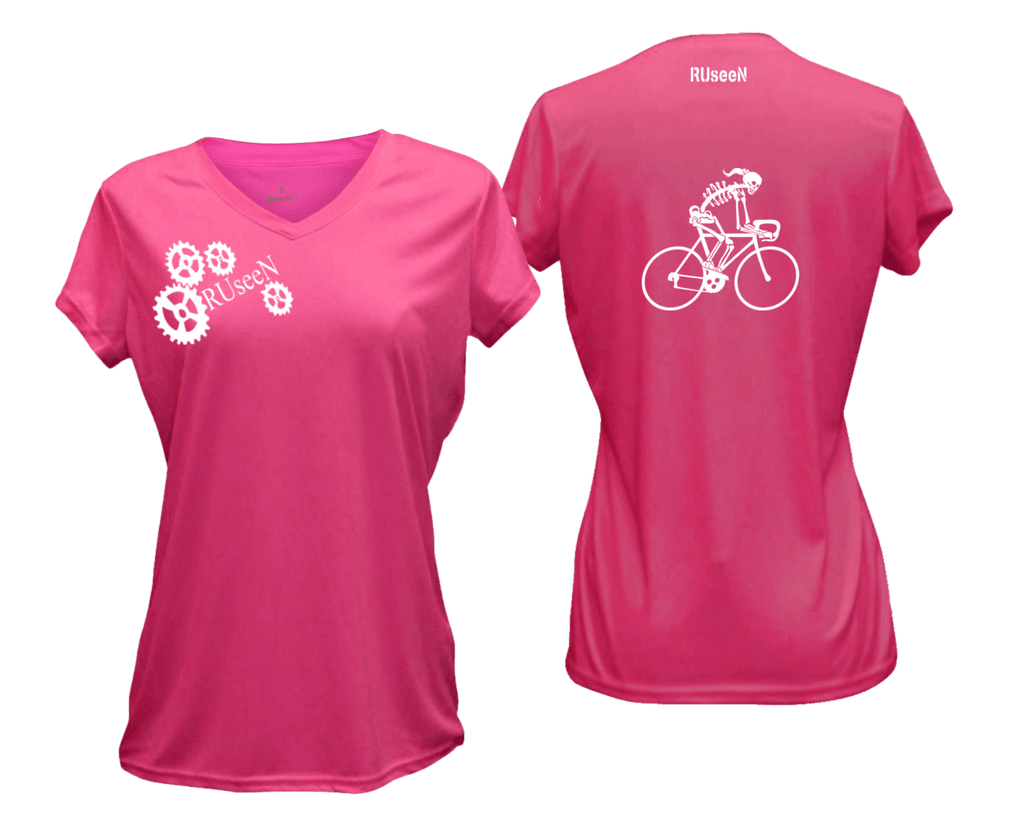 WOMEN'S REFLECTIVE SHORT SLEEVE SHIRT –  FEMALE ROAD BIKE SKELETON - Front & Back – Neon Pink