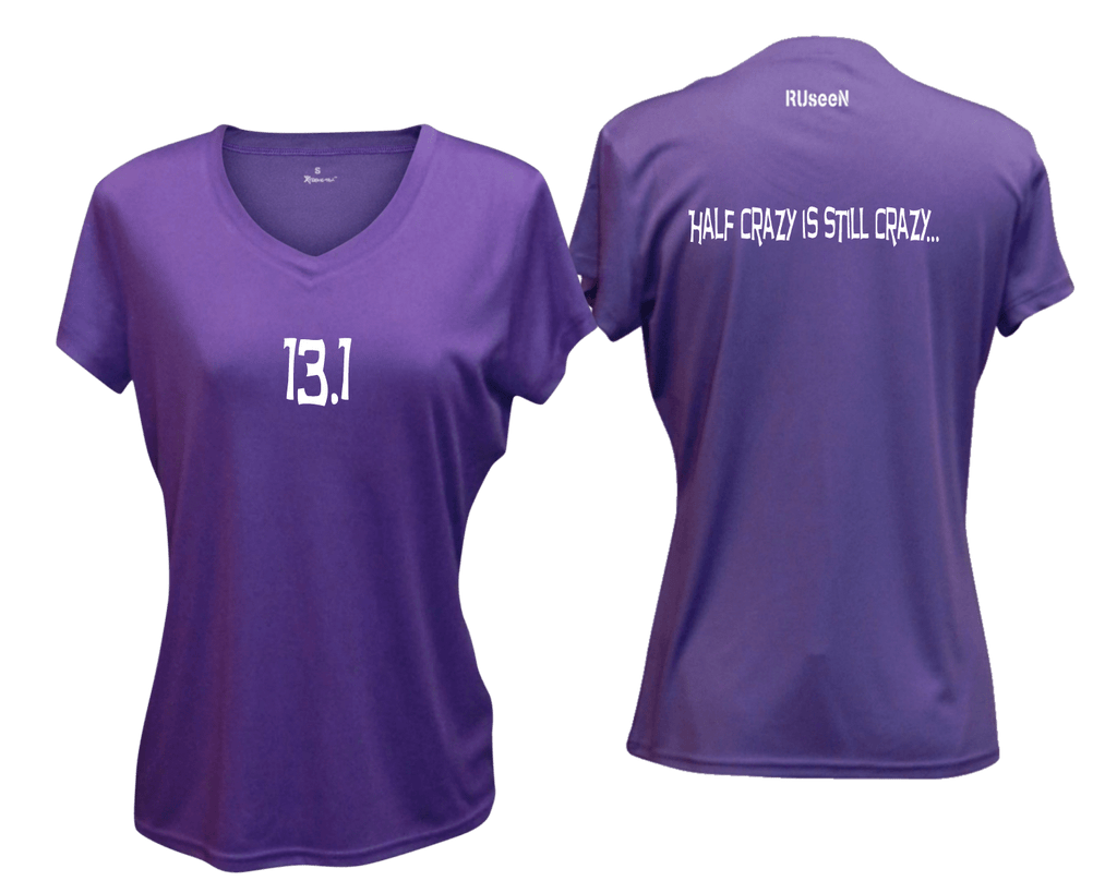 WOMEN'S REFLECTIVE SHORT SLEEVE SHIRT - 13.1 HALF CRAZY - Front & Back - Dark Purple
