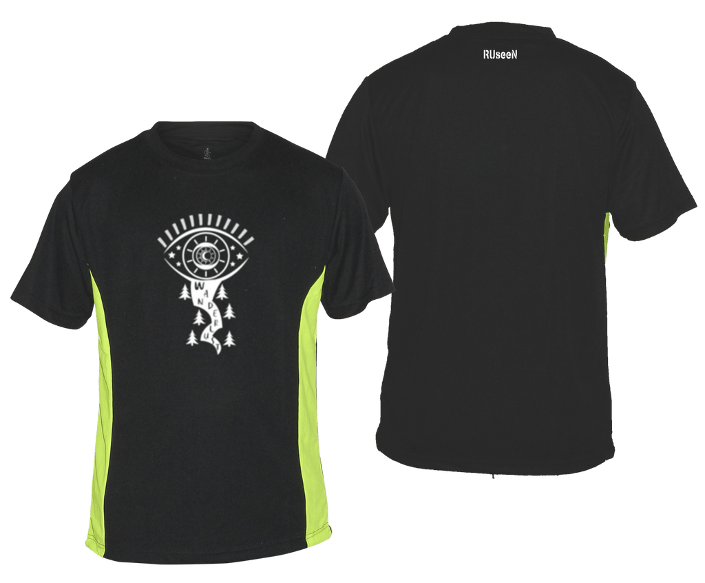MEN'S REFLECTIVE SHORT SLEEVE SHIRT – WANDERLUST – Front & Back – Black & Lime