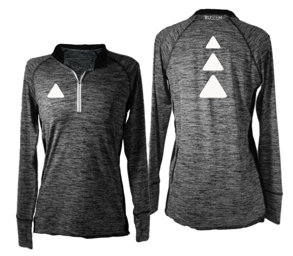 Women's Reflective Quarter Zip Long Sleeve - Triangles - Front & Back - Black Heather