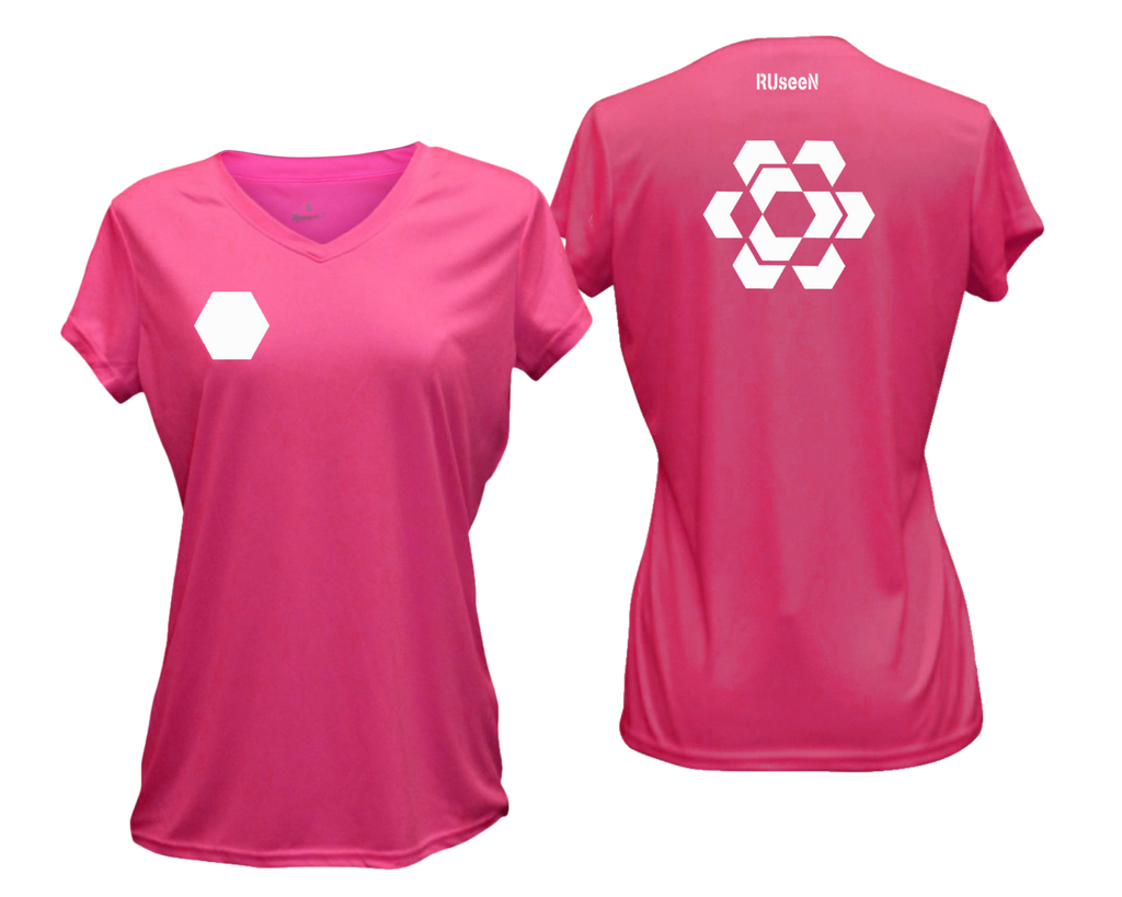 Women's Reflective Short Sleeve - Fractured Hexagon - Front & Back - Neon Pink
