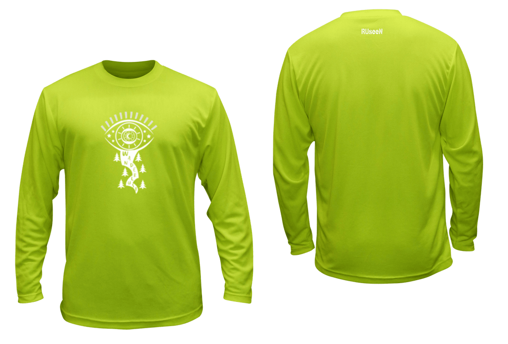 UNISEX REFLECTIVE LONG SLEEVE SHIRT – WANDERLUST – Front & Back – Lime Yellow