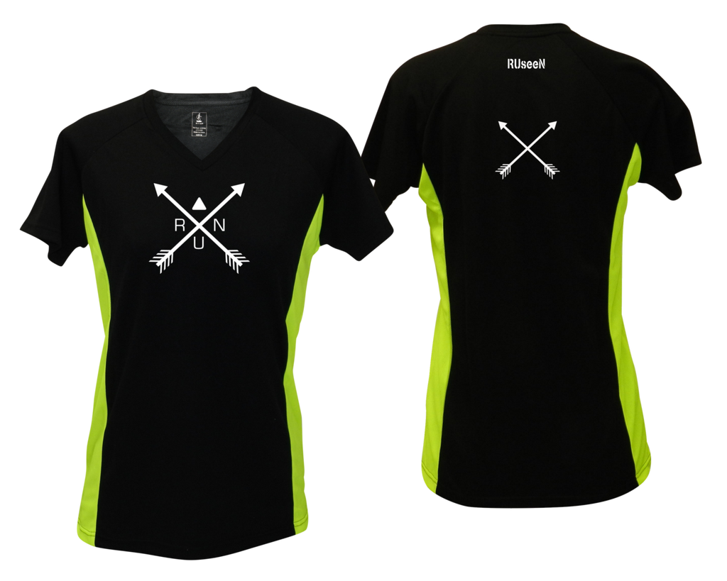 WOMEN'S REFLECTIVE SHORT SLEEVE SHIRT –  CROSSED ARROWS - Front & Back –  Black & Lime