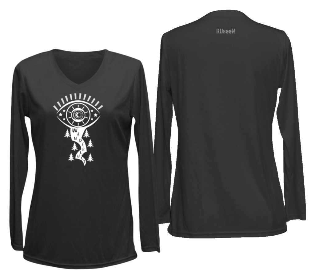 WOMEN'S REFLECTIVE LONG SLEEVE SHIRT – WANDERLUST – Front & Back – Black