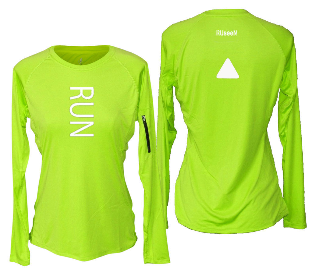 WOMEN'S REFLECTIVE LONG SLEEVE CREW NECK – RUN – Front & Back – Lime Yellow