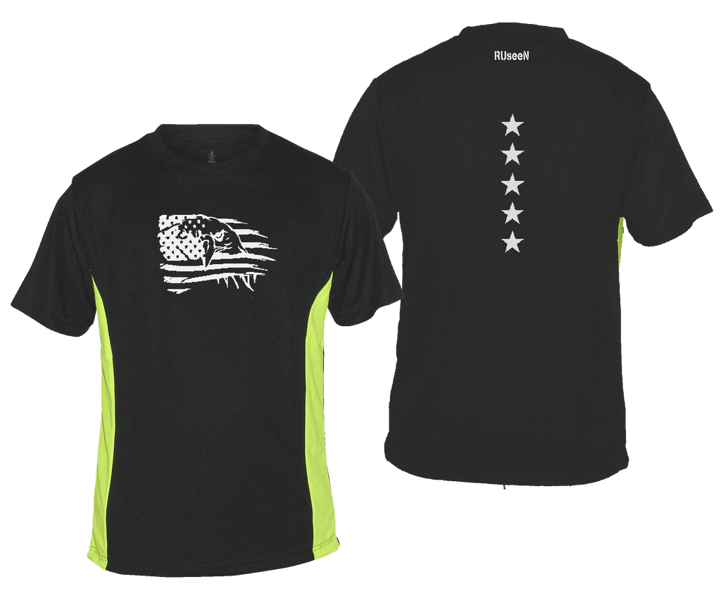 Men's Reflective Short Sleeve Shirt - Eagle Flag - Black & Lime