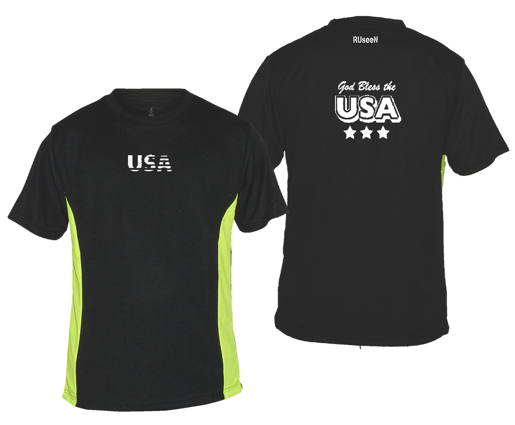 Men's Reflective Short Sleeve Shirt - God Bless the USA - Black & Lime