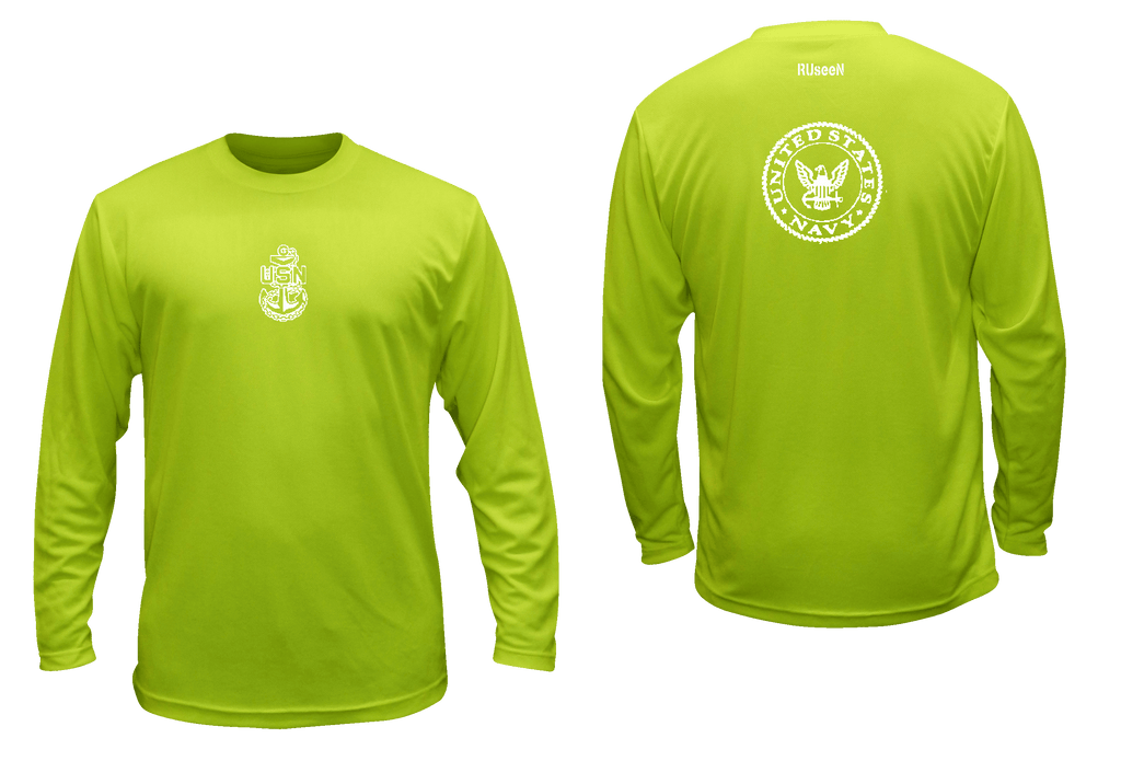 Unisex Reflective Long Sleeve Shirt - US Navy - Lime Yellow