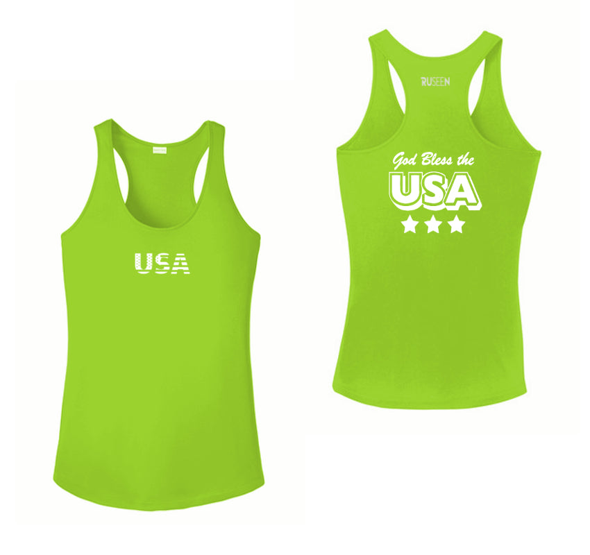 Women's Reflective Tank Top - God Bless the USA - Lime Green