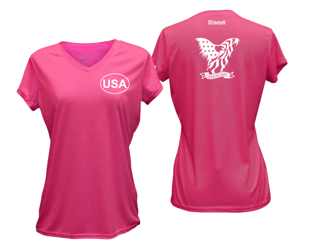 Women's Reflective Short Sleeve Shirt - In God We Trust - Neon Pink