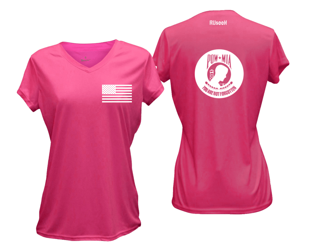 WOMEN'S REFLECTIVE SHORT SLEEVE SHIRT –  POWMIA - Front & Back –  Neon Pink