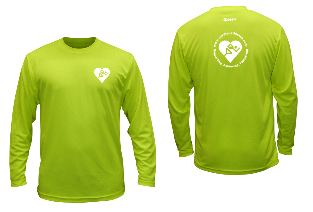 UNISEX LONG SLEEVE SHIRT - CARDIAC ATHLETE .ORG - Front & Back - Reflective - Lime Yellow