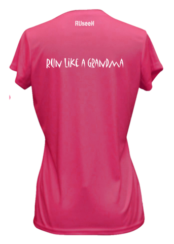 WOMEN'S REFLECTIVE SHORT SLEEVE SHIRT – RUN LIKE A GRANDMA - Back – Neon Pink