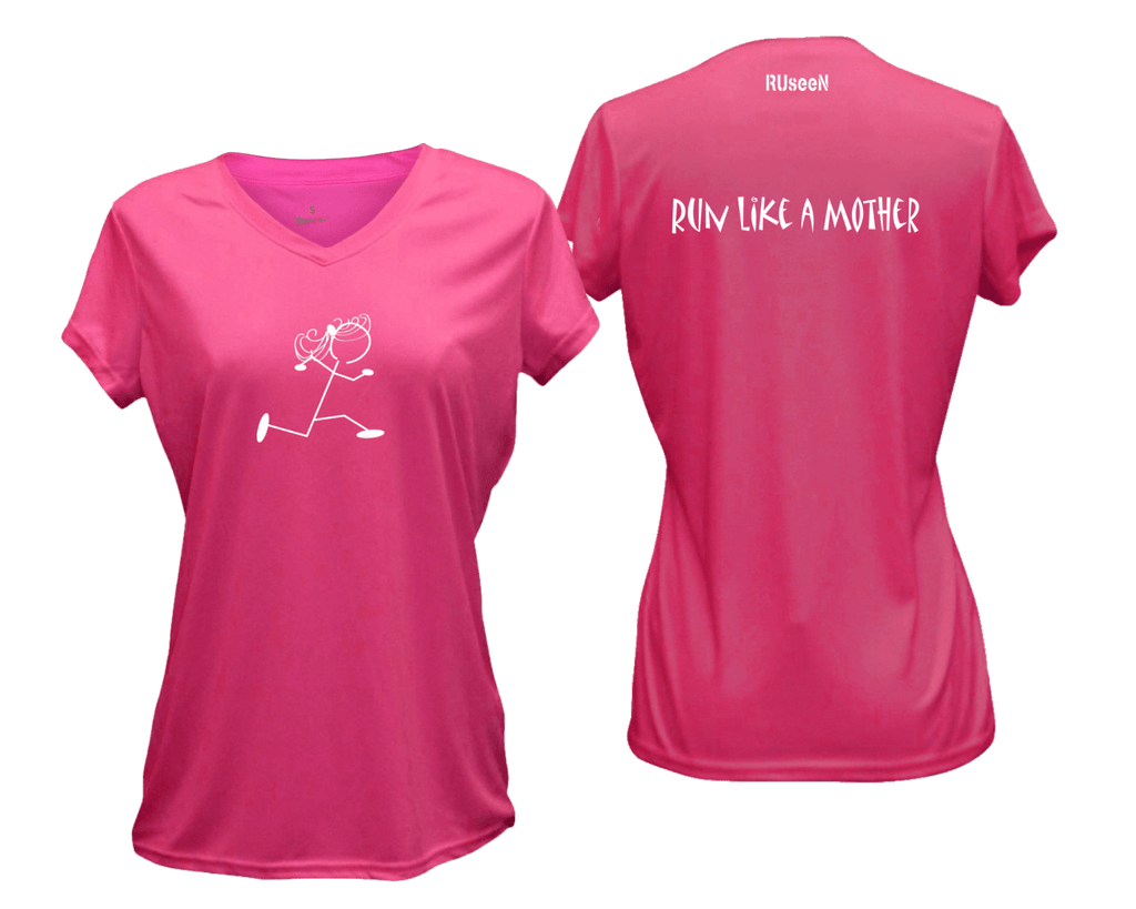 WOMEN'S REFLECTIVE SHORT SLEEVE SHIRT - RUN LIKE A MOTHER - Front & Back - Neon Pink