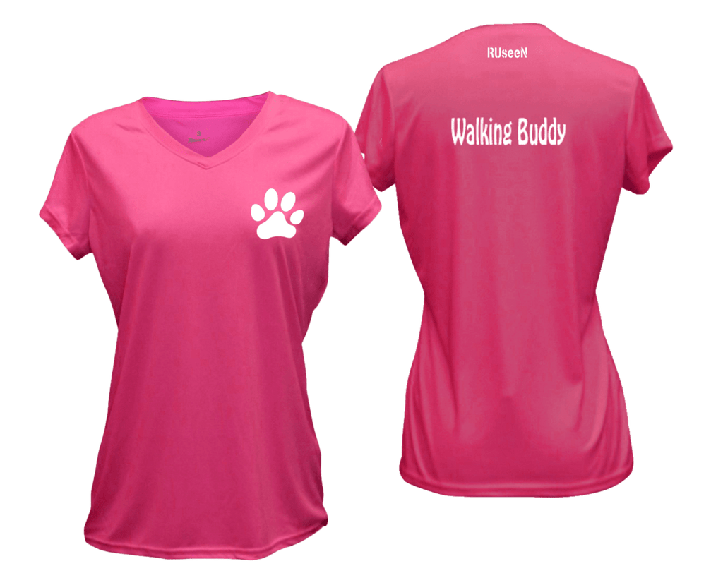 WOMEN'S REFLECTIVE SHORT SLEEVE SHIRT –  WALKING BUDDY - Front & Back –  Neon Pink