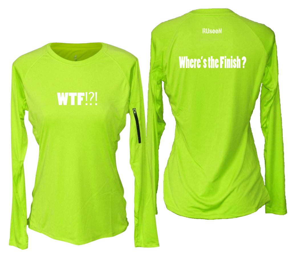 WOMEN'S REFLECTIVE LONG SLEEVE CREW NECK – WHERE'S THE FINISH – Front & Back – Lime Yellow
