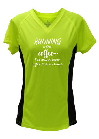 WOMEN'S REFLECTIVE SHORT SLEEVE SHIRT – RUNNING IS LIKE COFFEE – Front - Lime with Black Sides