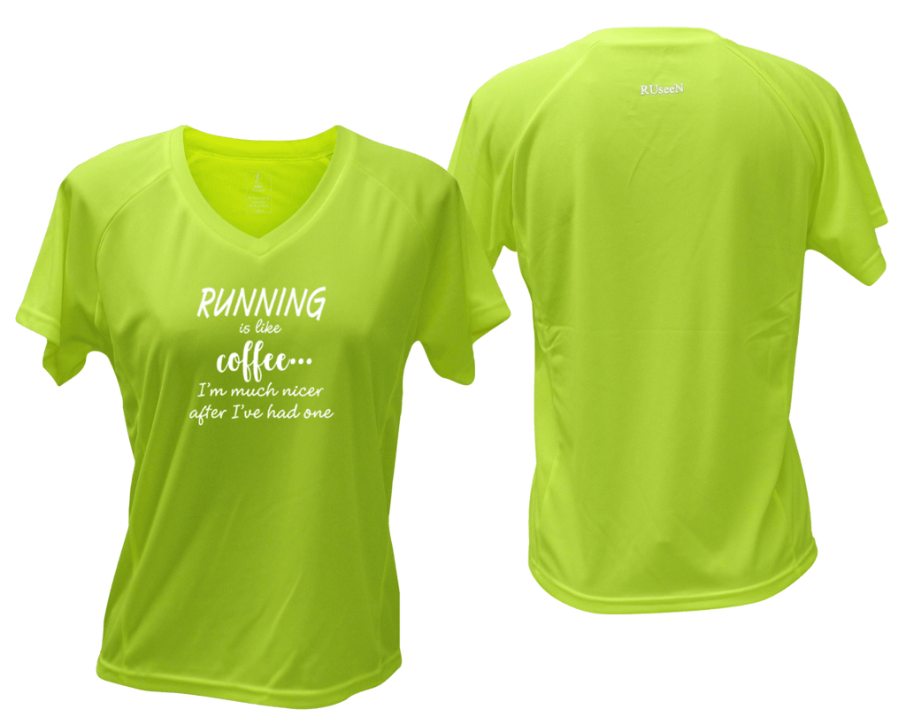 WOMEN'S REFLECTIVE SHORT SLEEVE SHIRT β RUNNING IS LIKE COFFEE β Front & Back β Lime Yellow