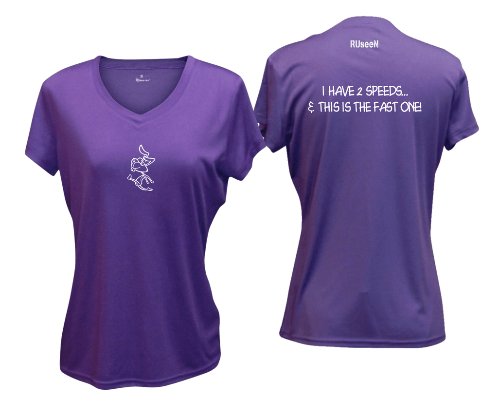 WOMEN'S REFLECTIVE SHORT SLEEVE SHIRT –  2 SPEEDS RABBIT - Front & Back – Dark Purple