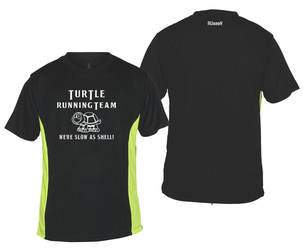 Men's Reflective Short Sleeve Shirt - TURTLE RUNNING TEAM - Front & Back - Black with Lime Sides
