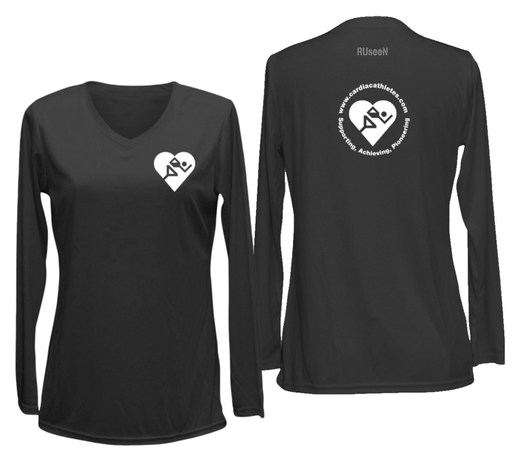 WOMEN'S REFLECTIVE LONG SLEEVE - CARDIAC ATHLETES .ORG - Front & Back - Black