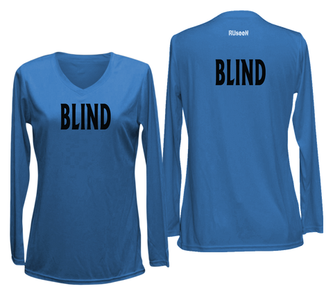 WOMEN'S LONG SLEEVE SHIRT – BLIND - Black Text - Front & Back – Electric Blue