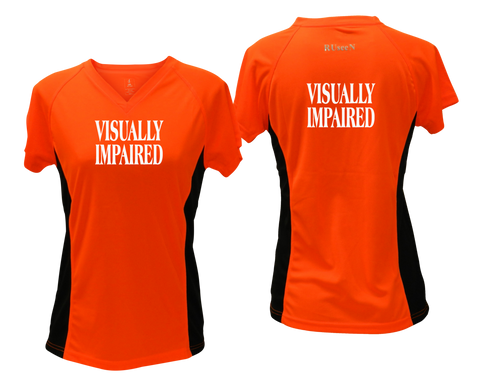 WOMEN'S REFLECTIVE SHORT SLEEVE SHIRT – VISUALLY IMPAIRED - Front & Back – Orange with Black Sides