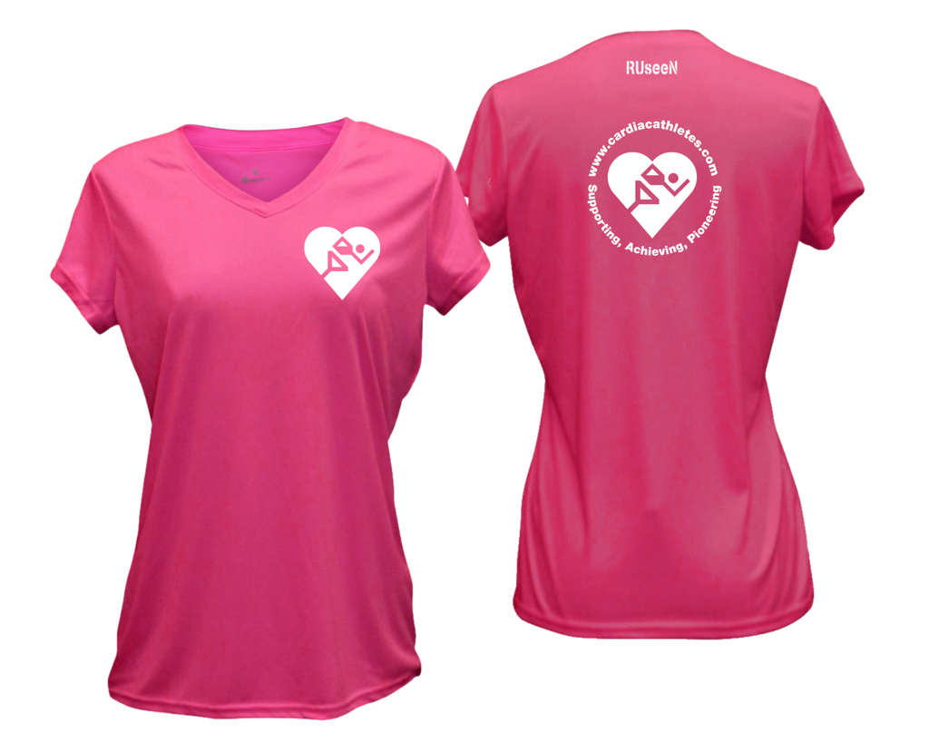 WOMEN'S REFLECTIVE SHORT SLEEVE SHIRT - CARDIAC ATHLETES .ORG - FRONT & BACK - NEON PINK