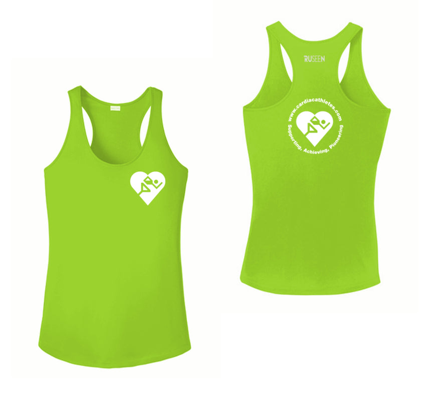 WOMEN'S REFLECTIVE TANK TOP - CARDIAC ATHLETES .ORG - FRONT & BACK - Lime Green