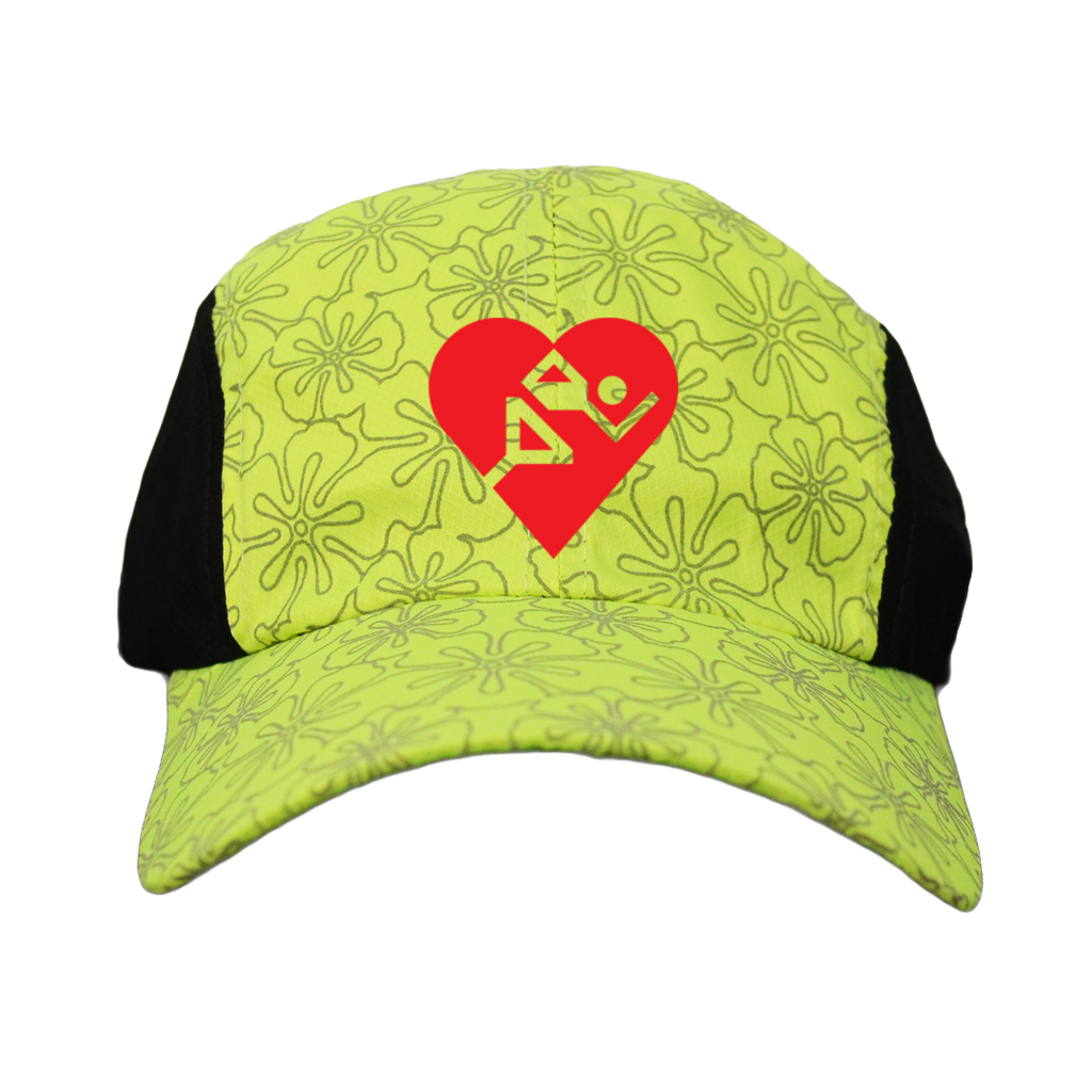 Reflective 4 Panel Hat - Cardiac Athletes .Org - Front View - Lime Yellow Floral - Red Logo