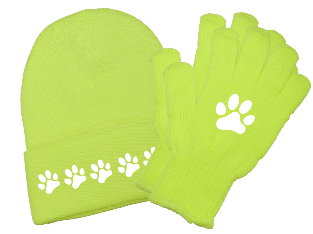 UNISEX REFLECTIVE BEANIE GLOVE COMBO – PAW PRINTS - Lime Yellow