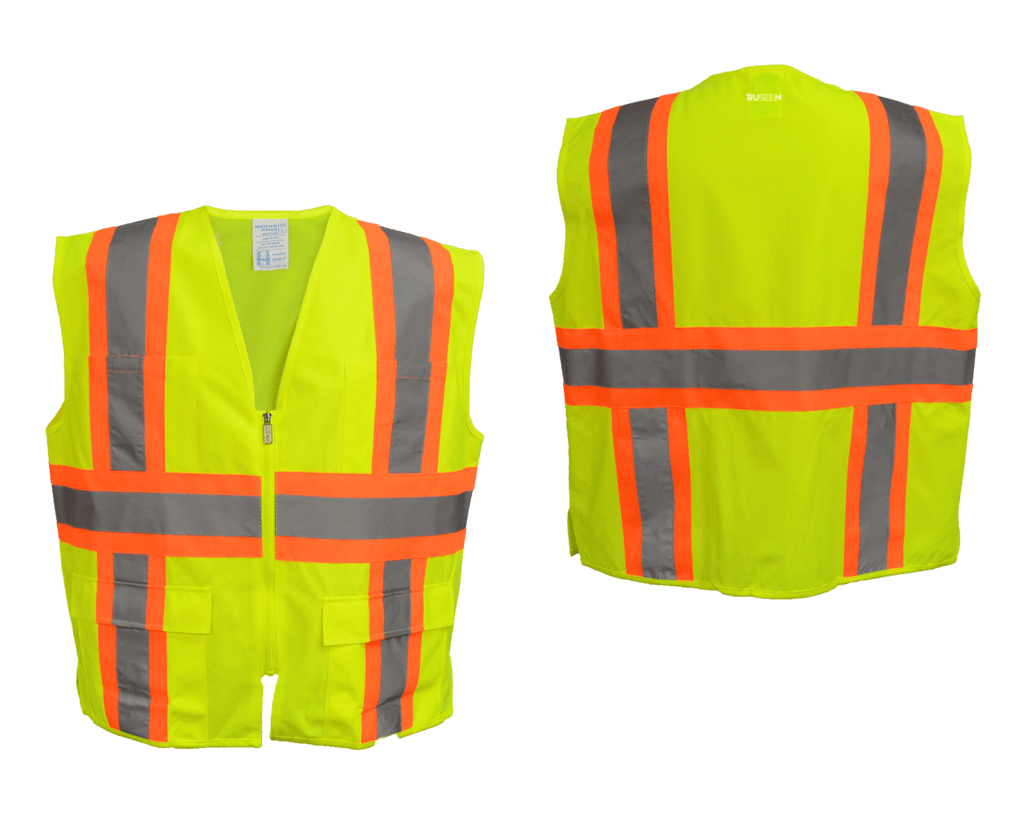Reflective ANSI Zip 4 Pocket Vest - Lime Yellow - Orange - Front & Back