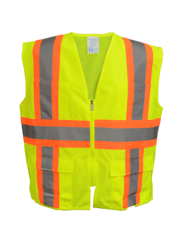 Reflective ANSI Zip 4 Pocket Vest - Lime Yellow - Orange - Front