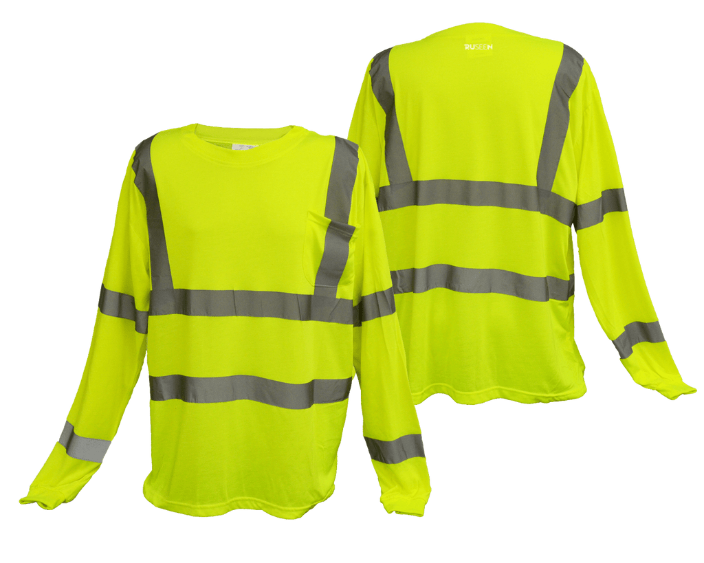 ANSI Reflective Class 3 Long Sleeve Shirt with Pocket - Lime Yellow - Front & Back