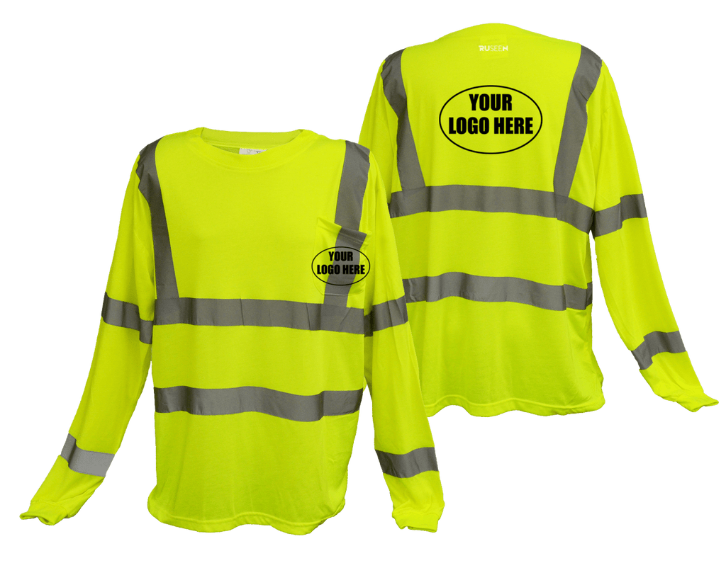 ANSI Reflective Class 3 Long Sleeve Shirt with Pocket & Logo - Lime Yellow - Front & Back