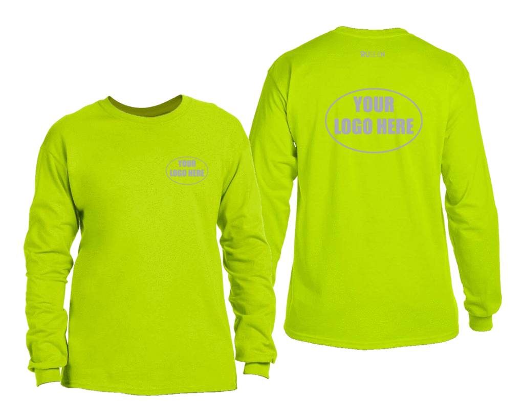 High Visibility Long Sleeve Shirt With Reflective Custom Logo - Front & Back - Safety Green