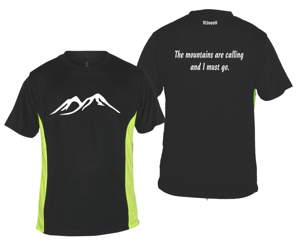 Men's Reflective Short Sleeve Shirt - Mountains - Front & Back - Black w/ Lime Yellow Stripe
